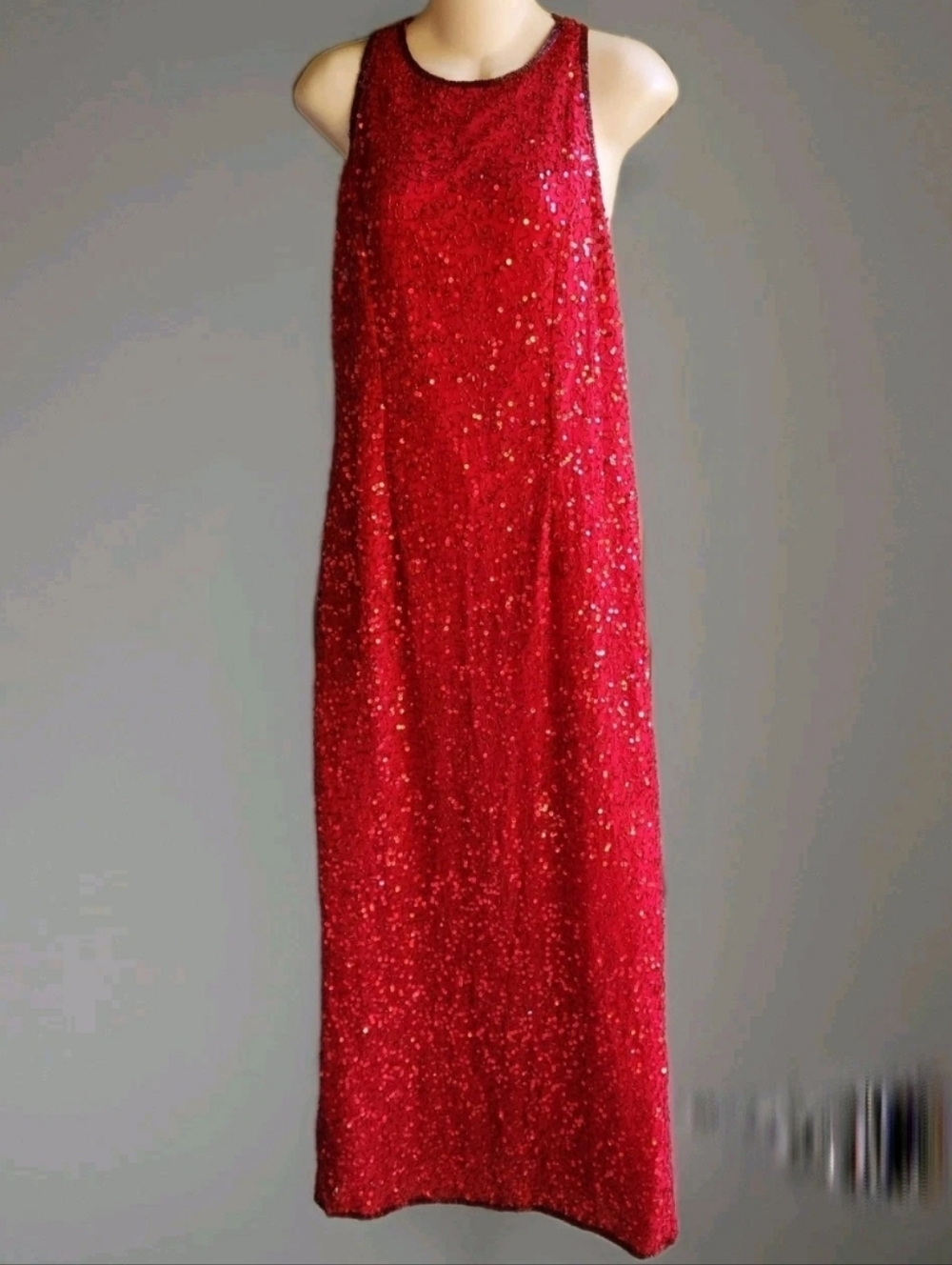 Vtg Lawrence Kazar Maxi Dress Red Beaded Sequins Evening Gown Size XL
